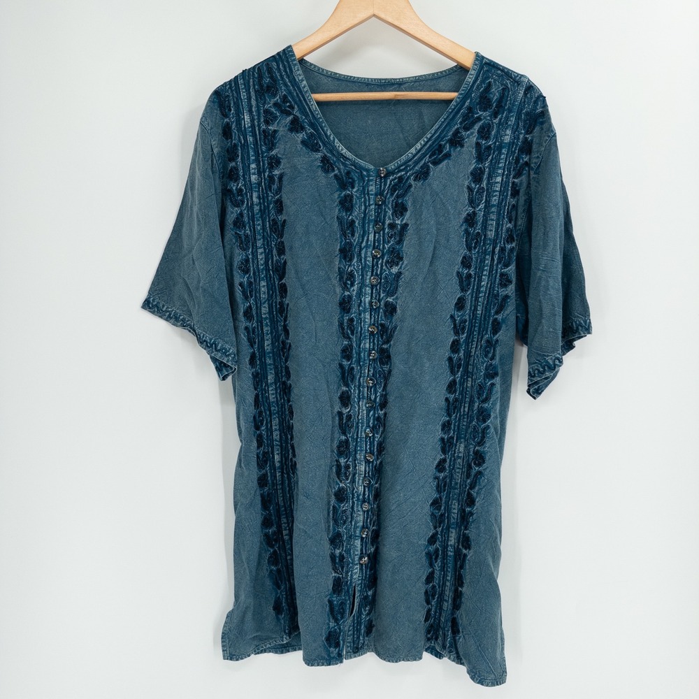 Vintage Boho Tunic Women XL Blue Embroidered 90s Denim Look Hippie Festival